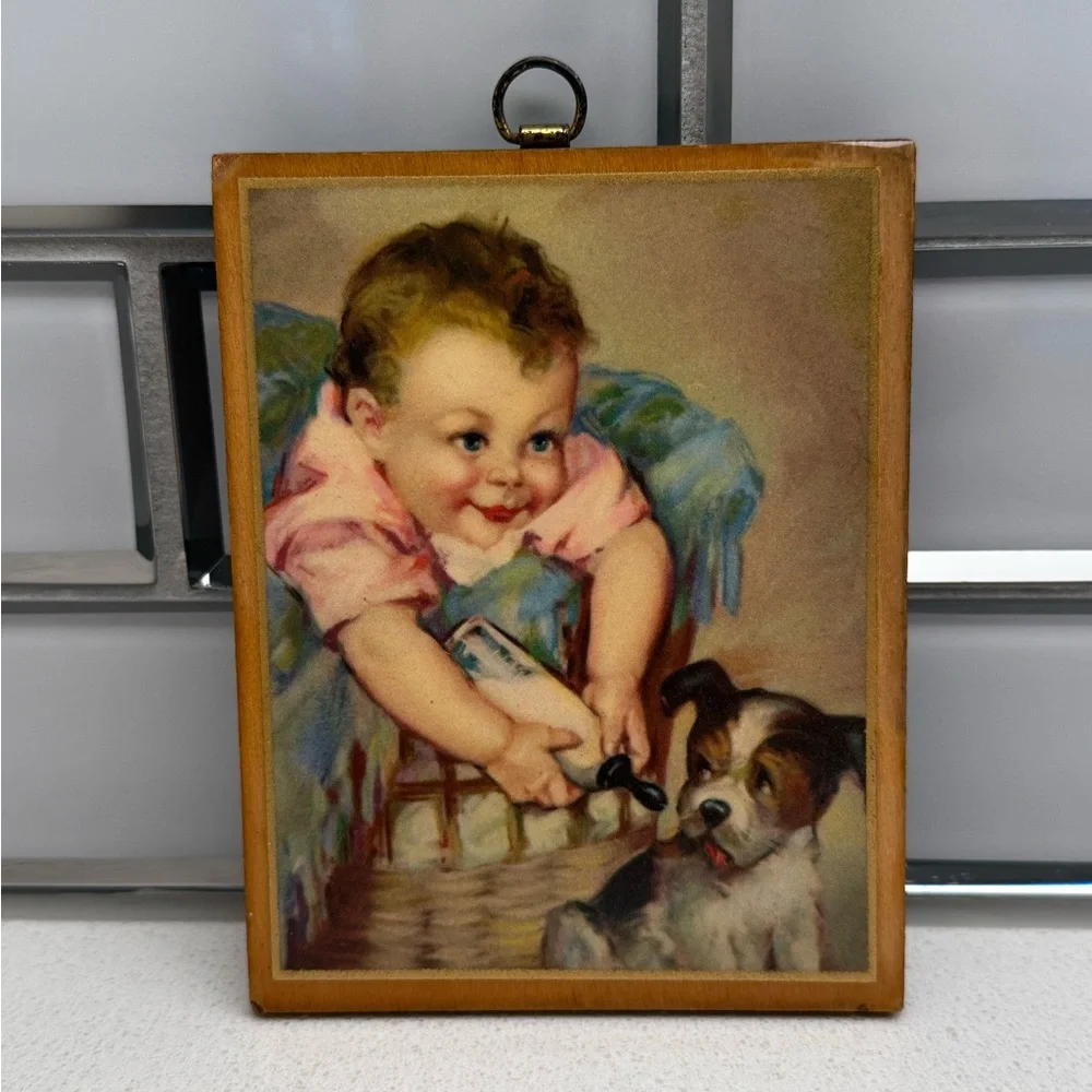 Vintage Picture Laurette Patten 1930s 1940s Baby Bottle Puppy Wall Art Nursery - Picture 3 of 12